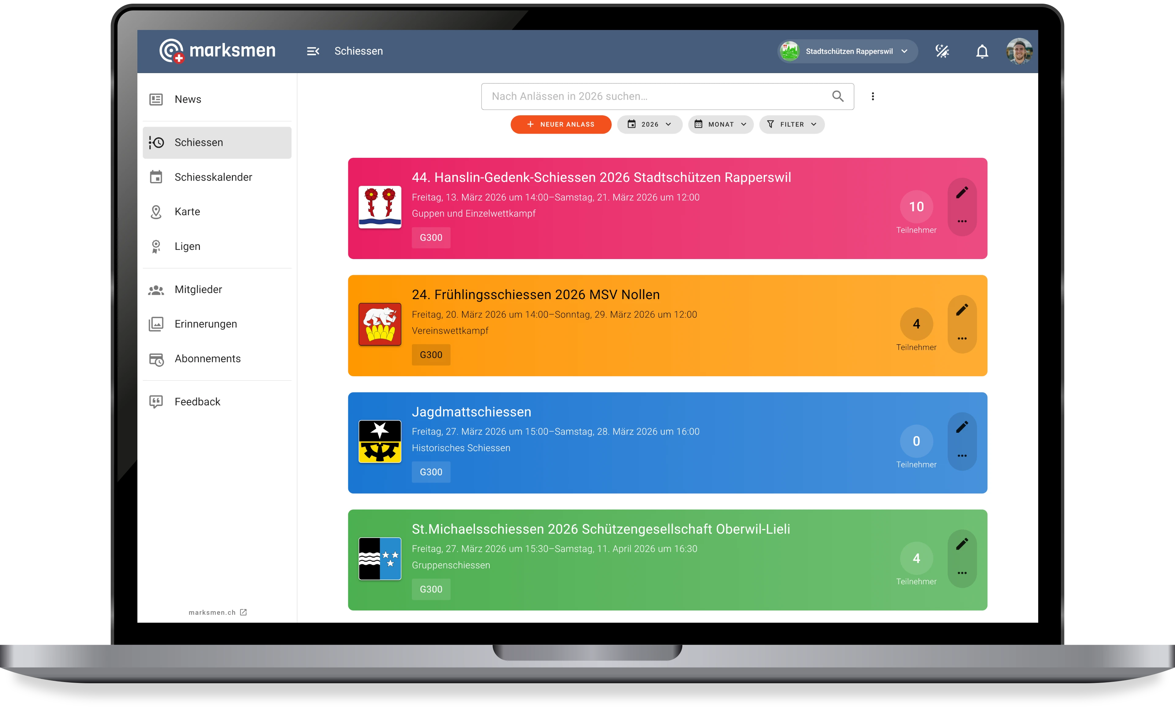 Marksmen App – Schiessanlässe Übersicht