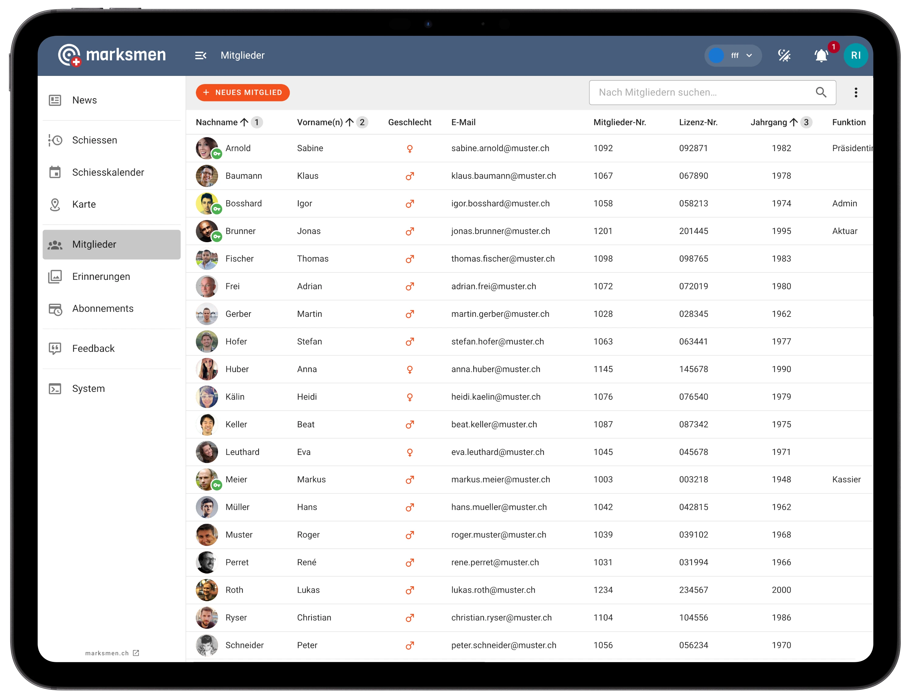 Marksmen Vereinsverwaltung auf dem Tablet
